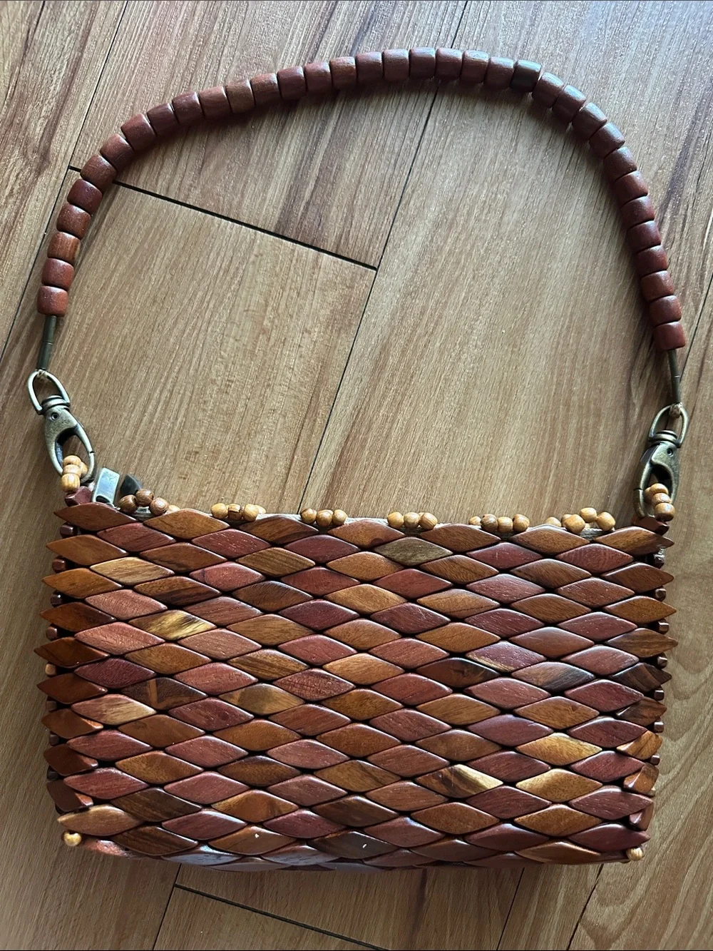 Woven Wooden Bead Shoulder Bag in Brown - Picture 1 of 5
